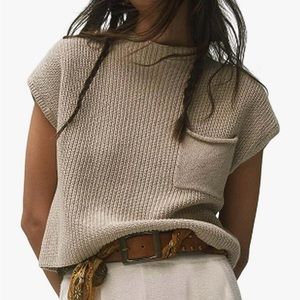 Mock Neck Casual Cropped Cap Sleeve Knit Sweater